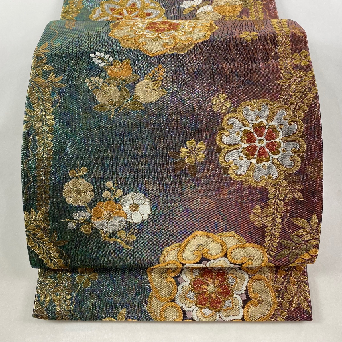 【美品】 袋帯 秀品 華文 草花 箔 金銀糸 紫 六通 正絹 【中古】拍卖