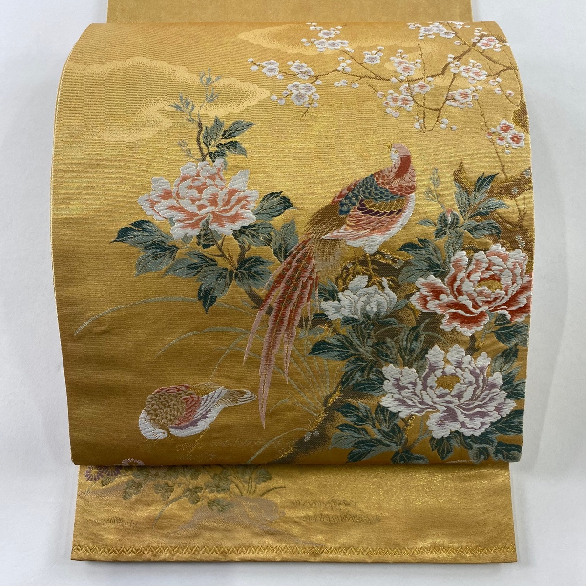 【美品】 袋帯 秀品 関西仕立て 枝花 鳥 箔 山吹茶色 お太鼓柄 正絹 【中古】拍卖