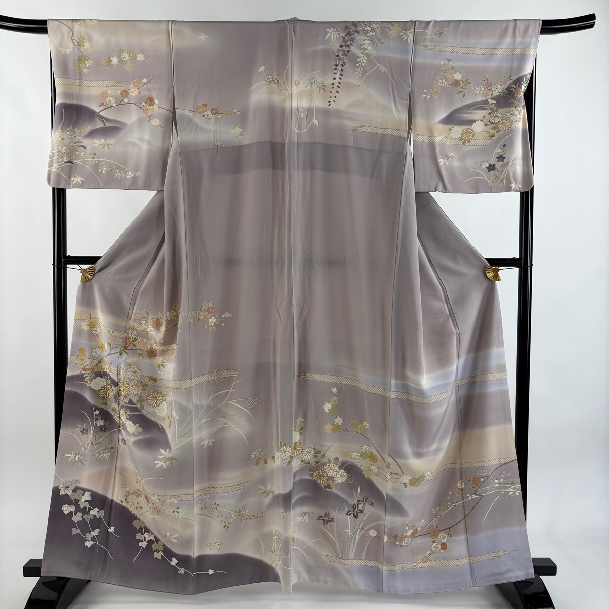 訪問着 身丈159.5cm 裄丈68cm L 袷 桜 菊 金糸 金彩 灰紫 正絹 名品 【中古】拍卖