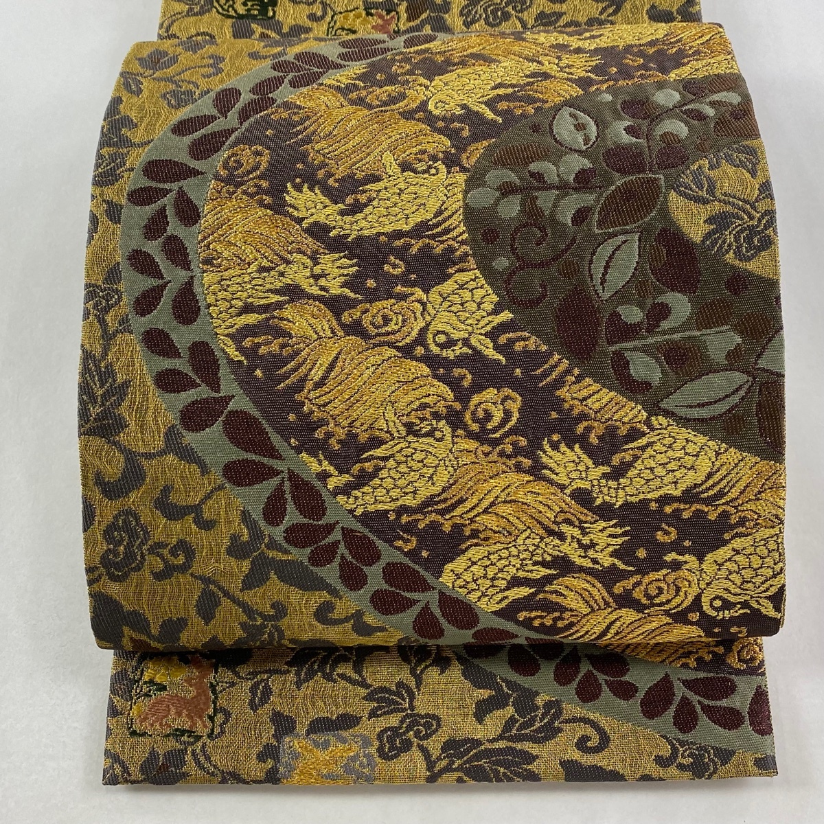袋帯 名品 荒磯 花唐草 金糸 金茶 六通 正絹 【中古】拍卖
