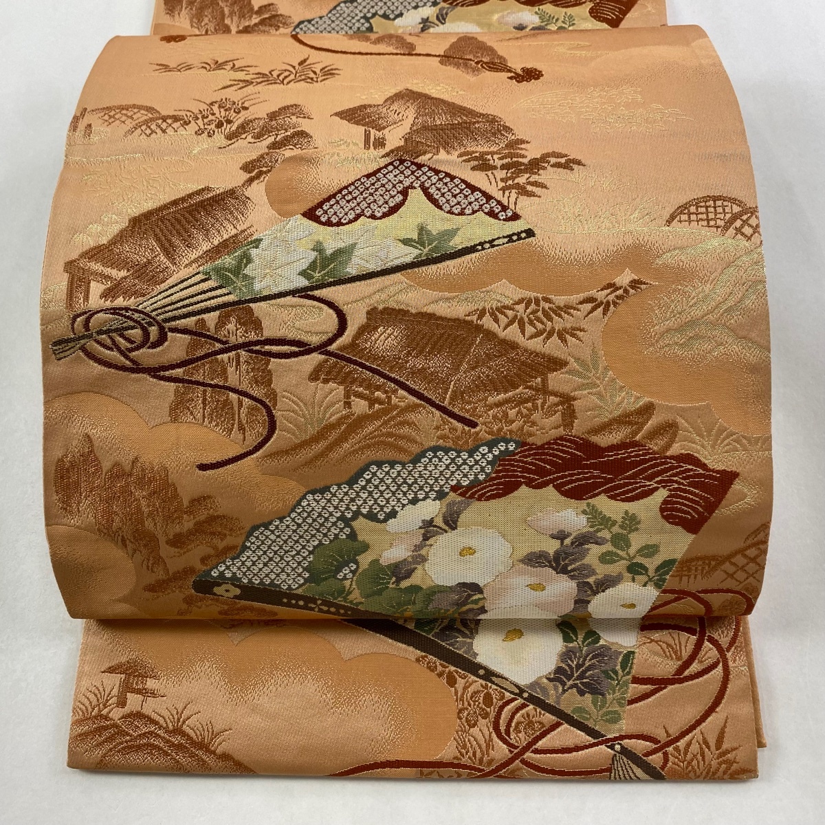 袋帯 名品 貝島はるみ 落款 扇 草花 金糸 箔 オレンジ 六通 正絹 【中古】拍卖