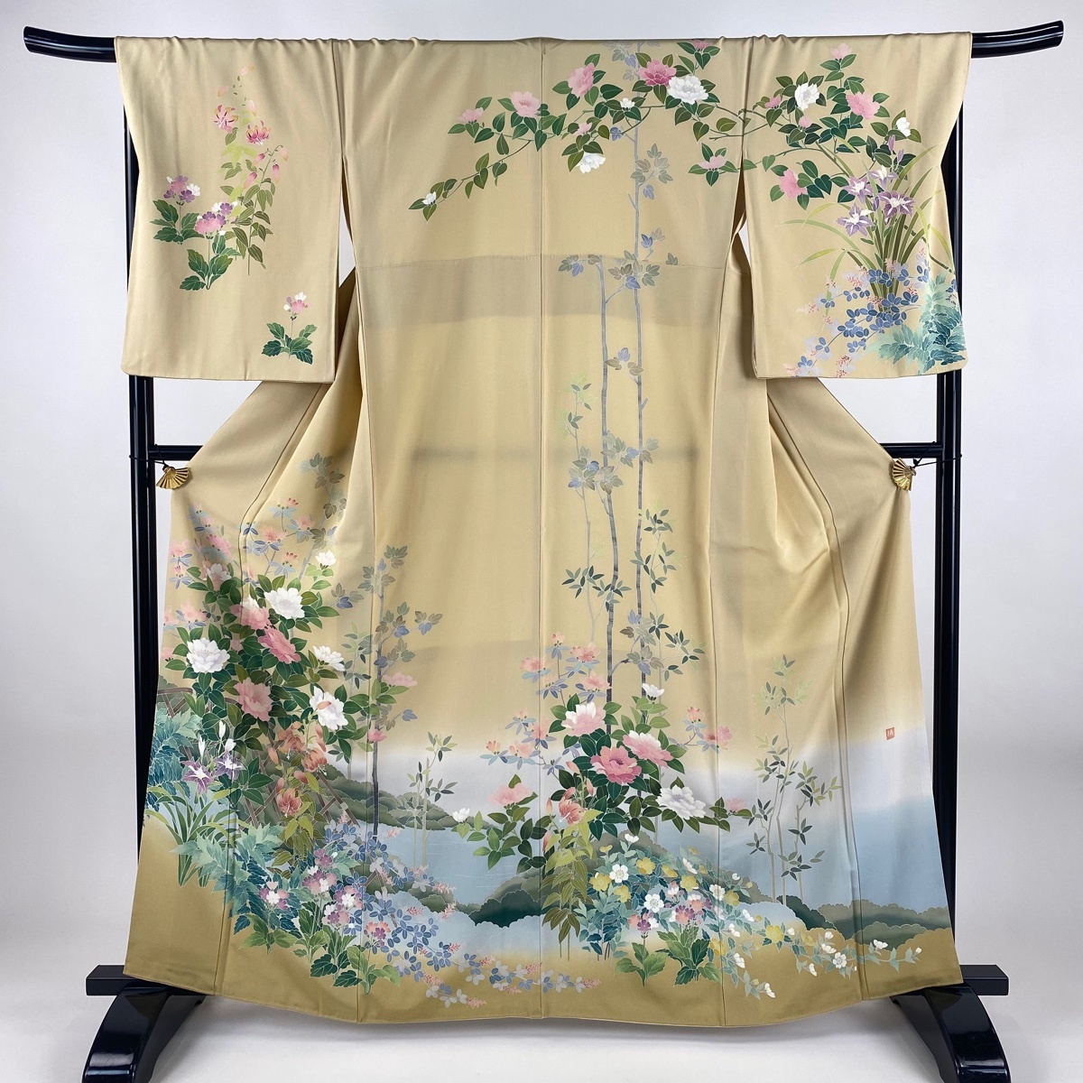 訪問着 身丈163.5cm 裄丈68cm L 袷 落款 枝花 間垣 ぼかし ベージュ 正絹 名品 【中古】拍卖