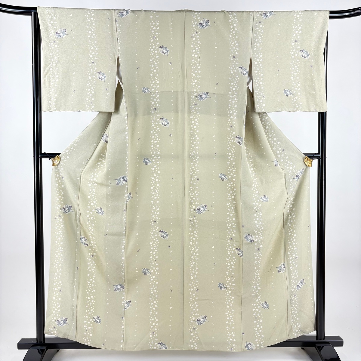 小紋 身丈158cm 裄丈66cm M 袷 うさぎ 草花 灰緑 正絹 秀品 【中古】拍卖