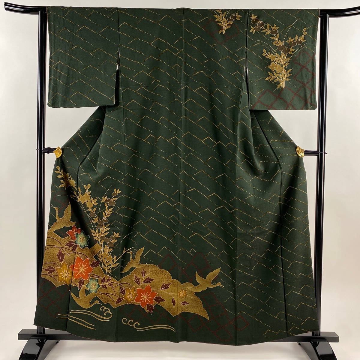 訪問着 身丈160cm 裄丈63.5cm S 袷 秋草 鳥 金彩 深緑 正絹 名品 【中古】拍卖