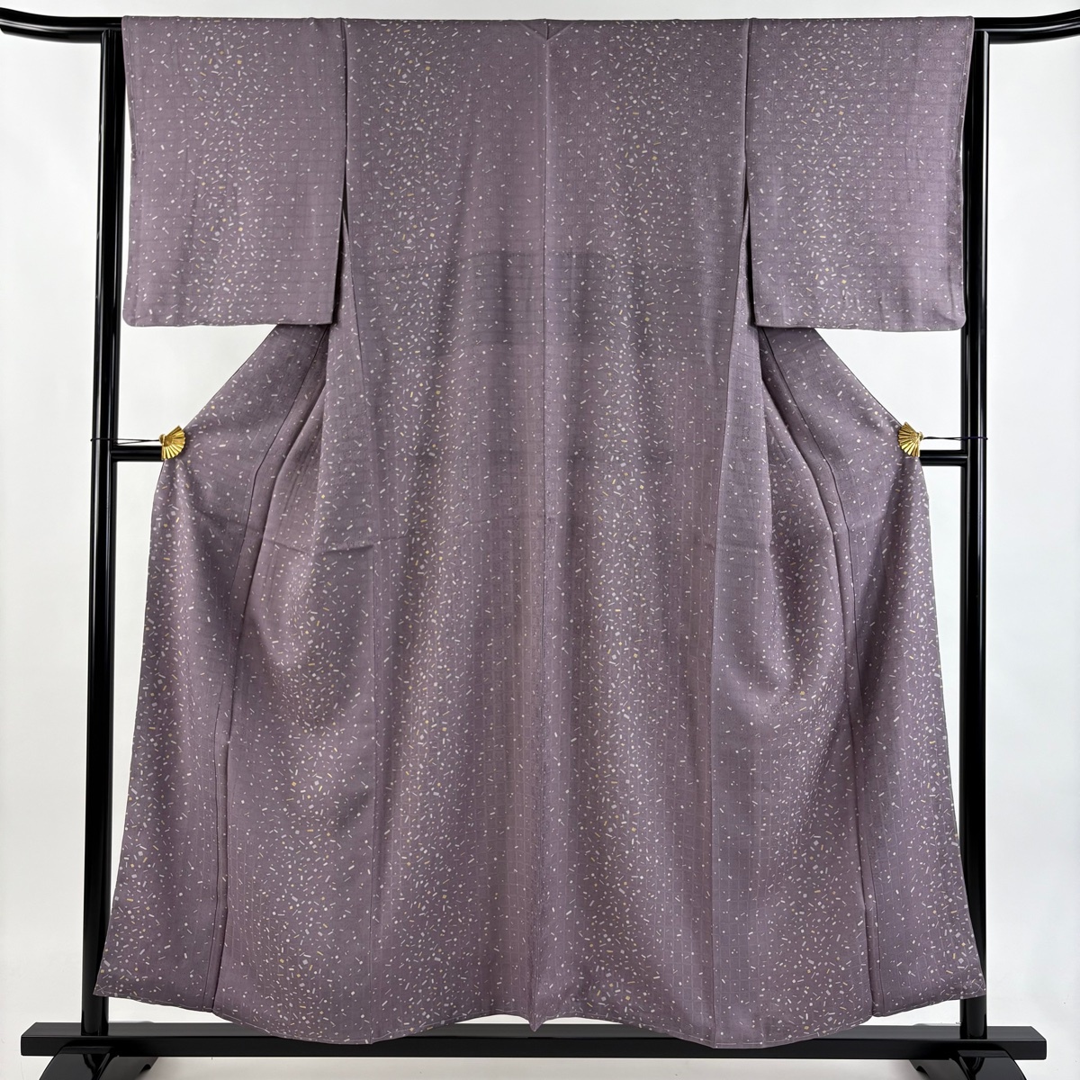 【美品】 小紋 身丈155.5cm 裄丈63.5cm S 袷 幾何学模様 地紋 金彩 灰紫 正絹 秀品 【中古】拍卖