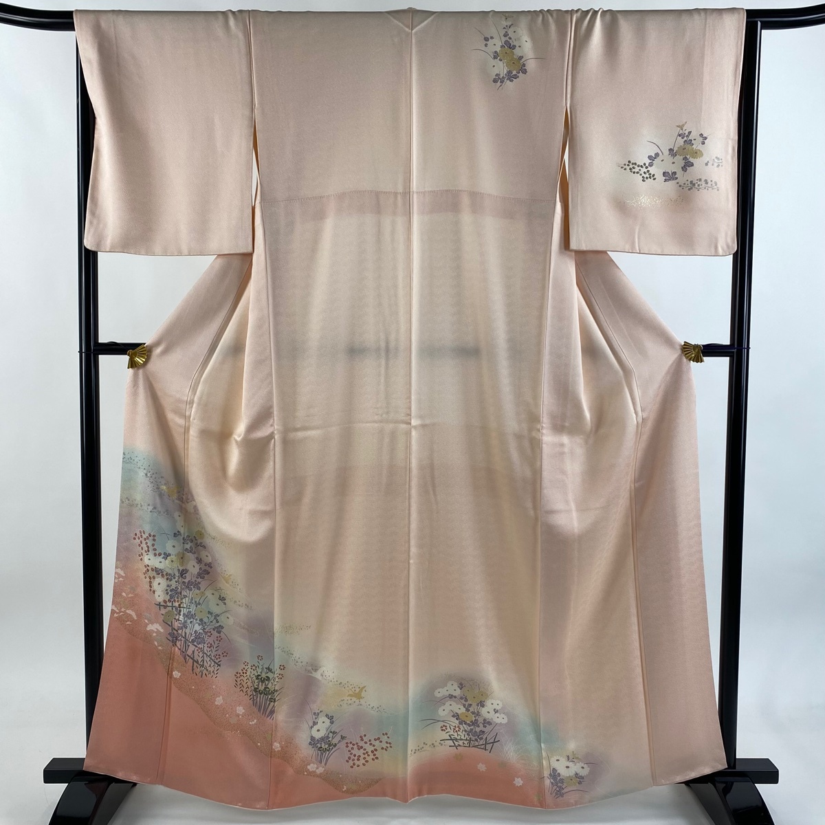 訪問着 身丈163cm 裄丈66cm M 袷 やまと 鶴 菊 金銀彩 ぼかし 薄ピンク 正絹 秀品 【中古】拍卖