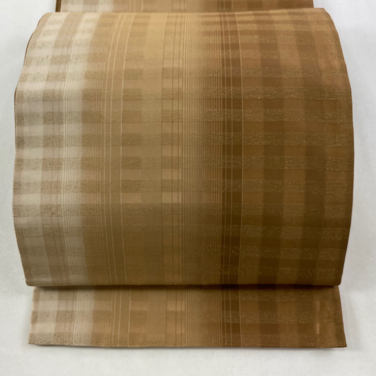 袋帯 逸品 証紙 紬地 本塩沢 雪の中のきれ 格子 茶色 全通 正絹 【中古】拍卖