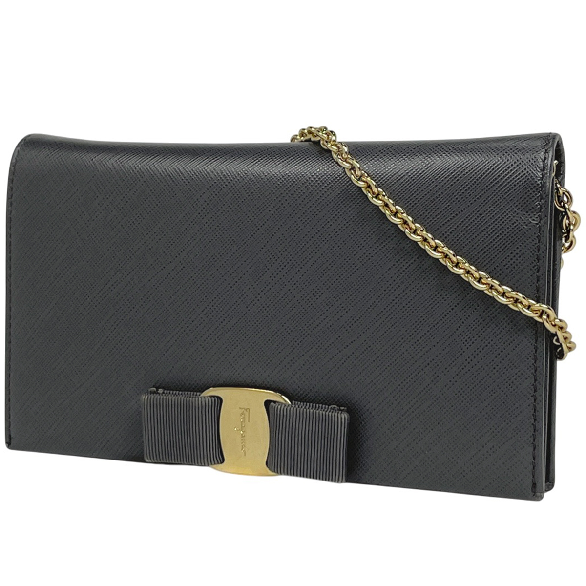 サルヴァトーレフェラガモ Salvatore Ferragamo ヴァラリボン チェーン ウォレット 二つ折り財布 レザー グレー レディース 【中古】拍卖