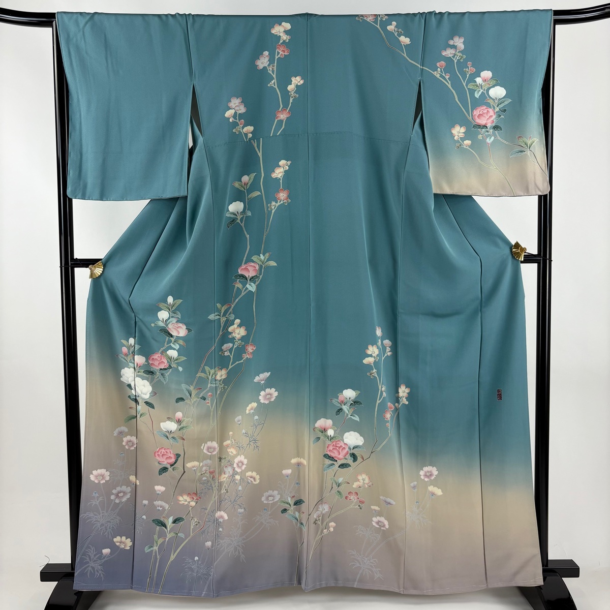 訪問着 身丈163cm 裄丈67cm M 袷 落款 枝花 草花 染め分け ぼかし 青緑 正絹 秀品 【中古】拍卖