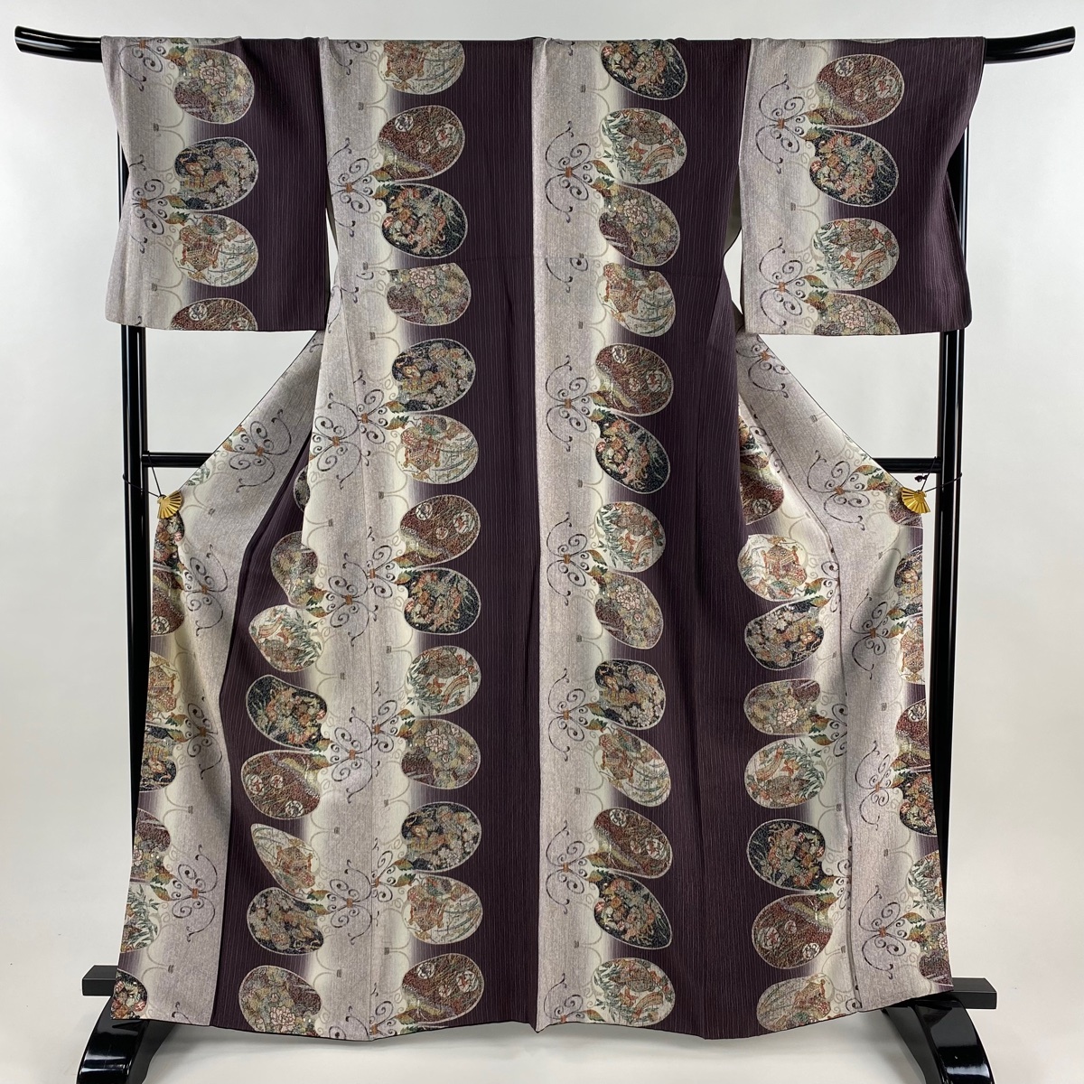 小紋 身丈163.5cm 裄丈70cm L 袷 短冊 和楽器 小豆色 正絹 秀品 【中古】拍卖