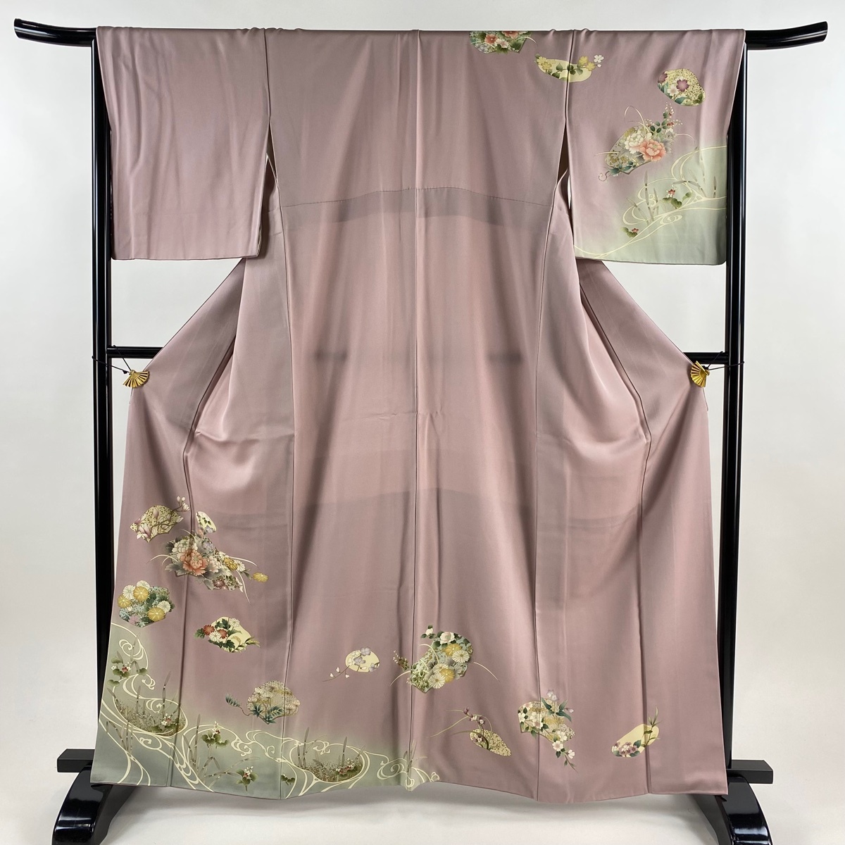 訪問着 身丈163.5cm 裄丈66cm M 袷 草花 流水 金糸 金彩 薄紫 正絹 秀品 【中古】拍卖