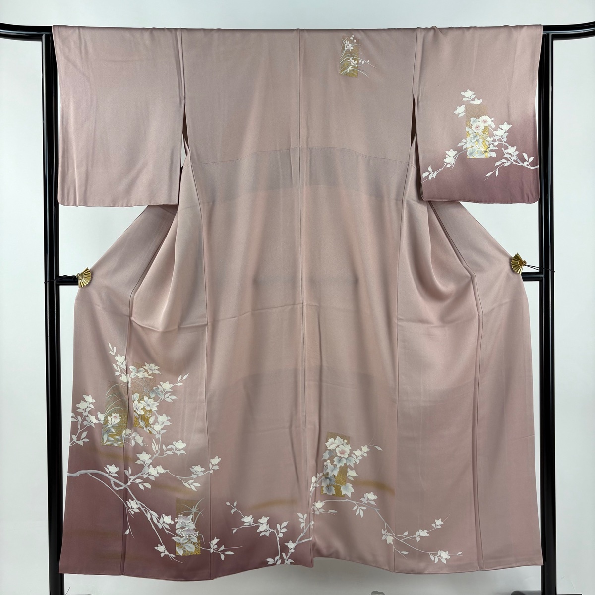 訪問着 身丈150cm 裄丈64cm M 袷 短冊 草花 金銀彩 ぼかし 薄小豆 正絹 秀品 【中古】拍卖