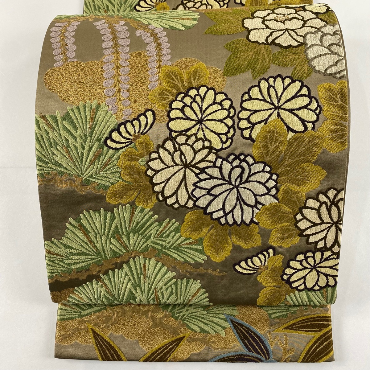 【美品】 袋帯 秀品 慶賀吉祥文 箔 唐織 灰茶 六通 正絹 【中古】拍卖