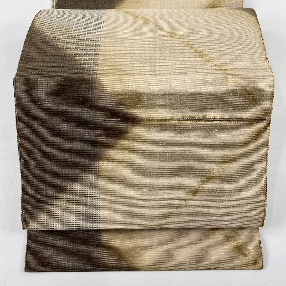 【美品】 名古屋帯 秀品 八寸名古屋帯 紬地 縞 幾何学 薄茶色 正絹 【中古】拍卖