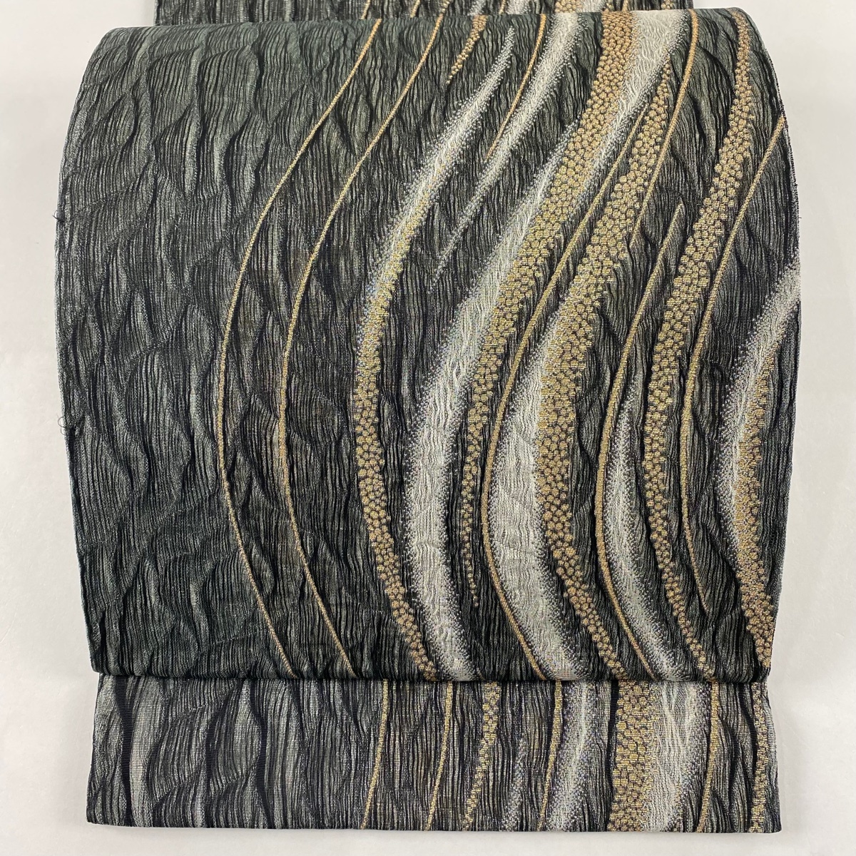 【美品】 袋帯 秀品 流水 幾何学 銀糸 箔 墨色 六通 正絹 【中古】拍卖