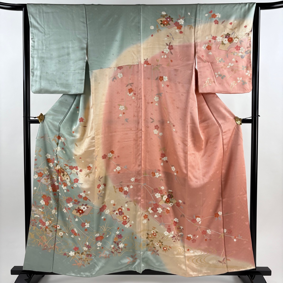 訪問着 身丈157.5cm 裄丈64cm M 袷 扇面 桜 金糸 金彩 灰緑 正絹 秀品 【中古】拍卖