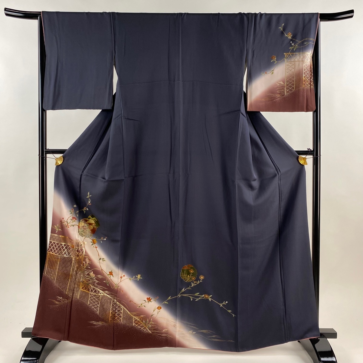 訪問着 身丈164cm 裄丈65cm M 袷 雪輪 草花 金彩 ぼかし 濃紺 正絹 秀品 【中古】拍卖