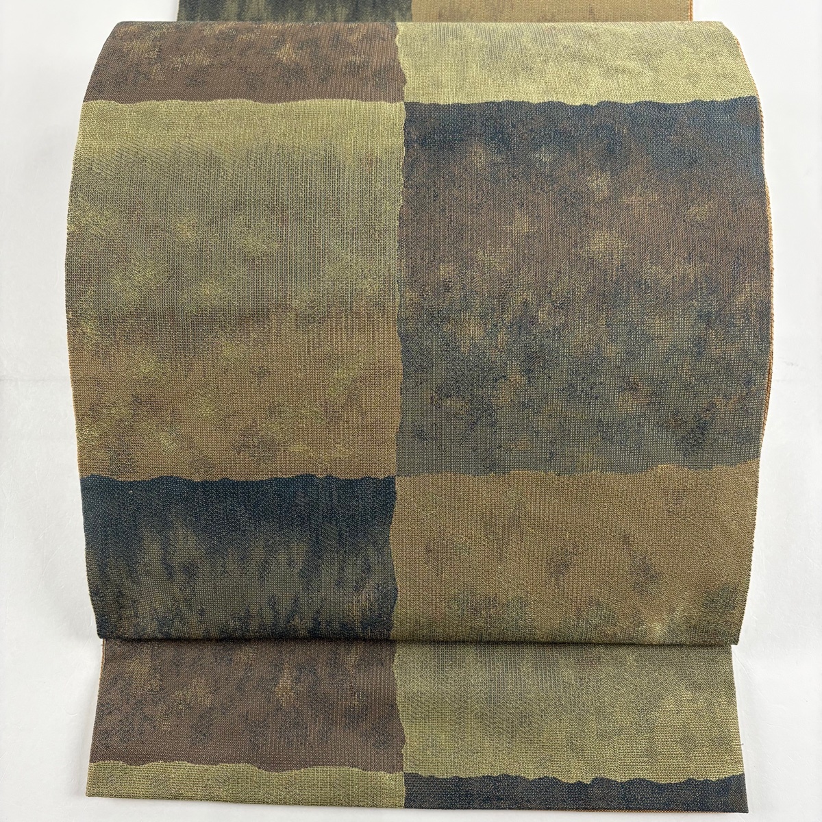 【美品】 袋帯 秀品 落款 萬葉 変わり市松 茶緑色 全通 正絹 【中古】拍卖