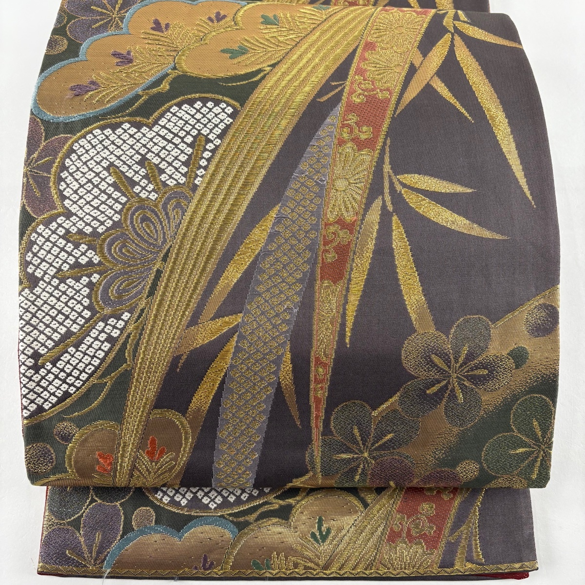 袋帯 秀品 松竹梅 菊唐草 箔 金糸 灰紫 全通 正絹 【中古】拍卖