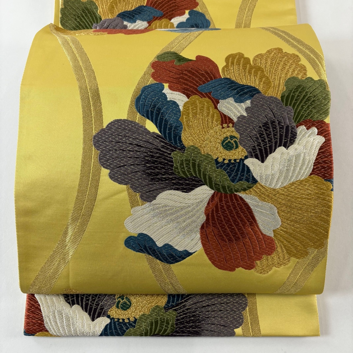 【美品】 袋帯 秀品 立涌 花 金銀糸 刺繍 からし色 六通 正絹 【中古】拍卖