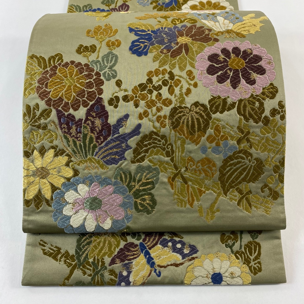 袋帯 名品 蝶 菊 金糸 唐織 灰緑 六通 正絹 【中古】拍卖