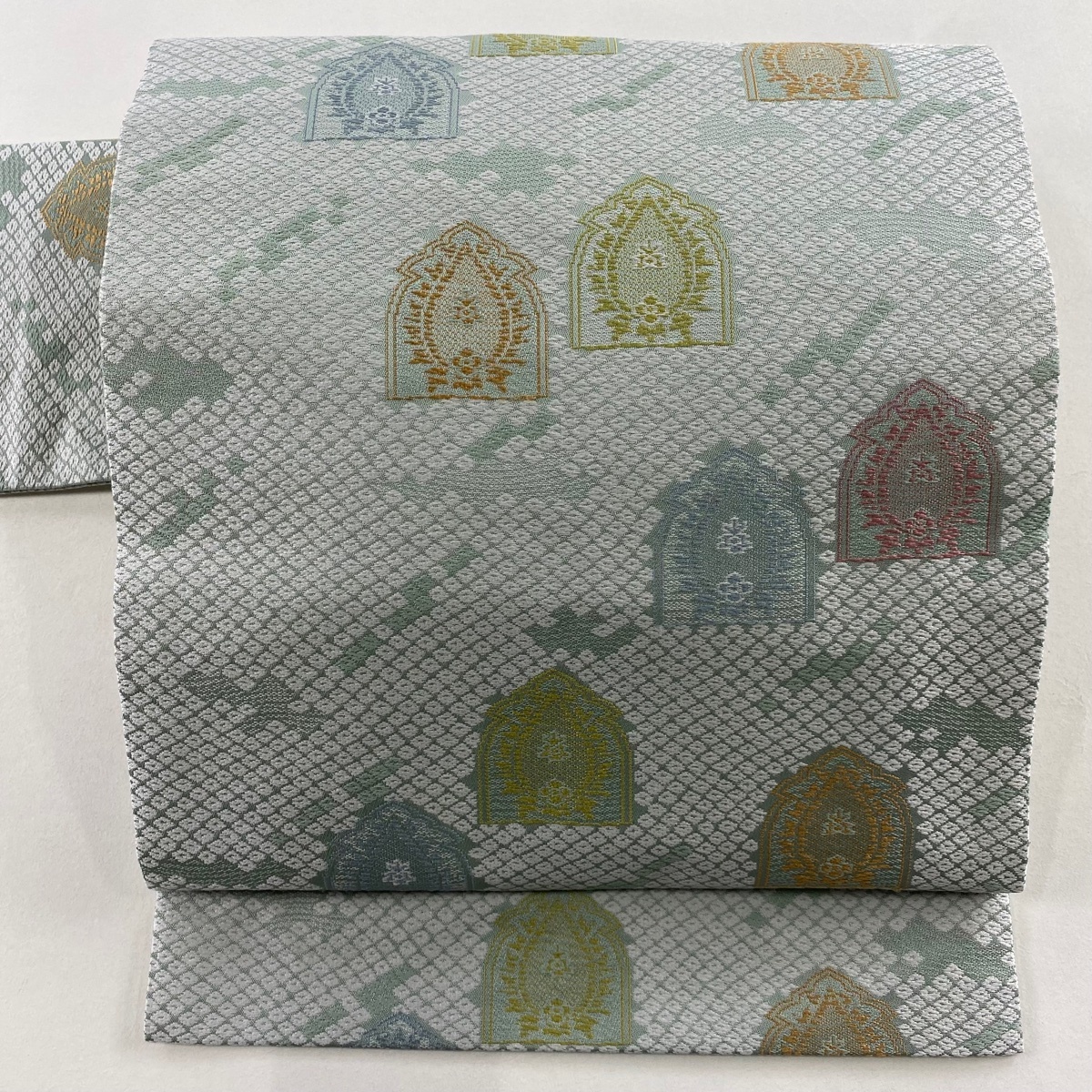 【美品】 名古屋帯 名品 疋田柄 花 灰緑 正絹 【中古】拍卖