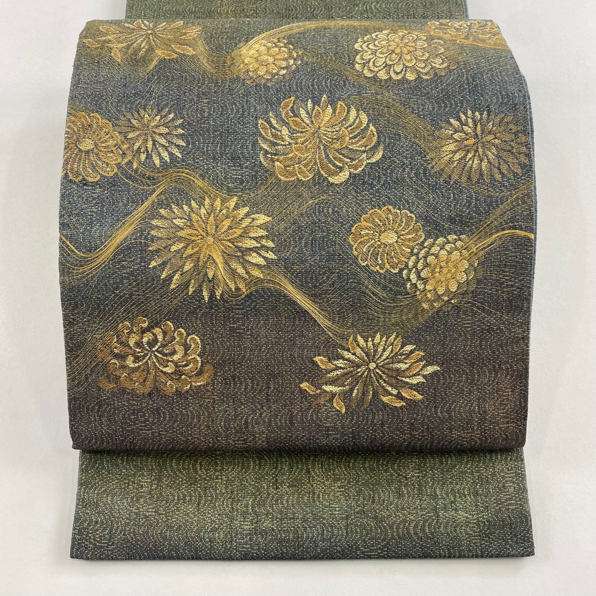 袋帯 秀品 菊 金糸 箔 茶緑色 お太鼓柄 正絹 【中古】拍卖