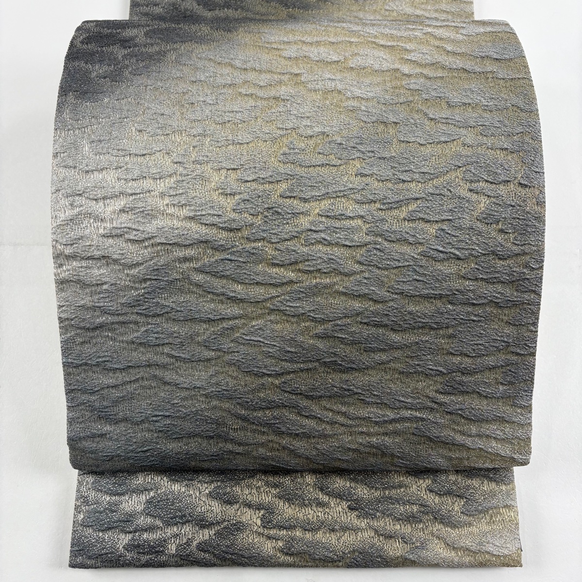 【美品】 袋帯 秀品 霞 ぼかし 灰緑 全通 正絹 【中古】拍卖