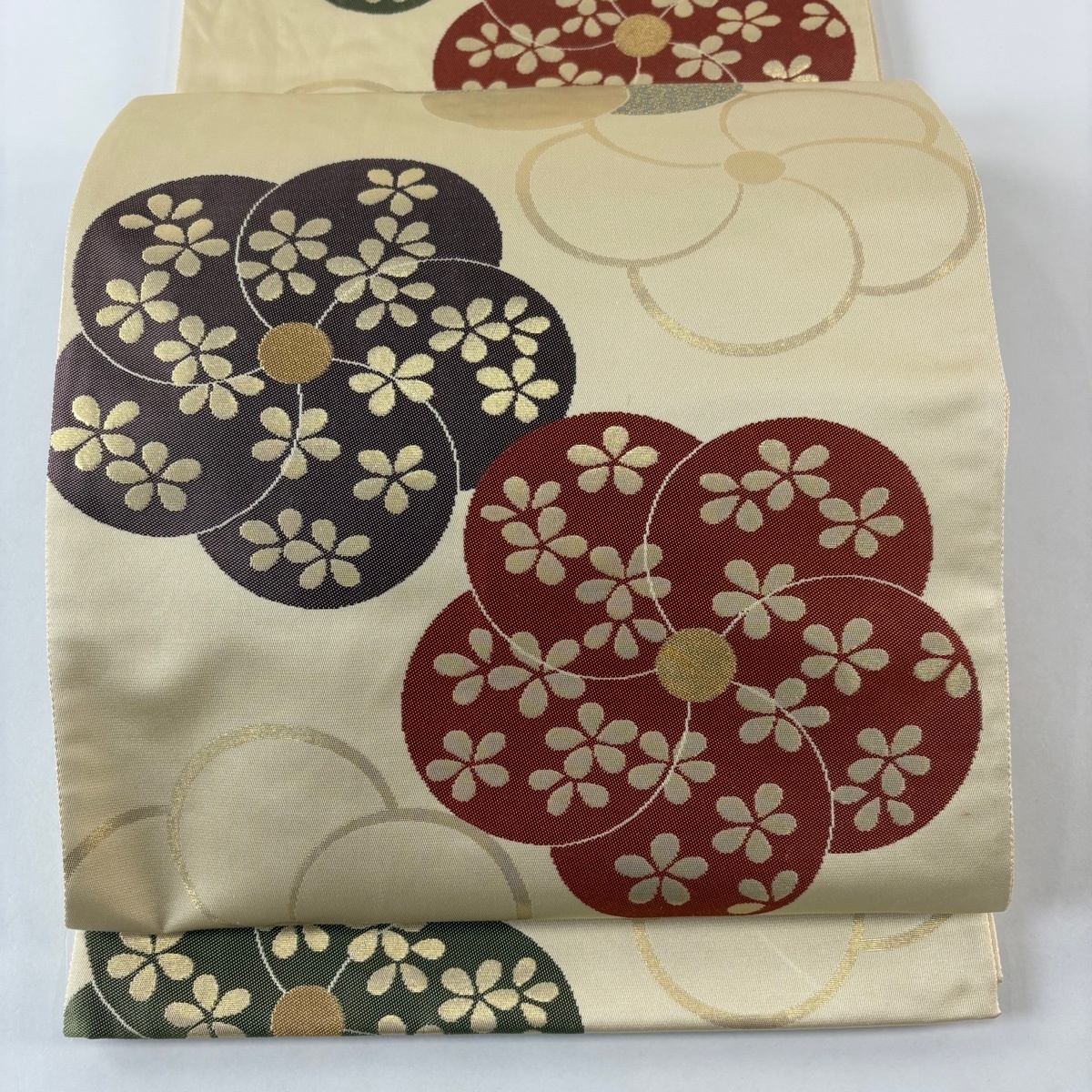 【美品】 袋帯 秀品 ねじ梅 七宝 金糸 箔 クリーム 六通 正絹 【中古】拍卖