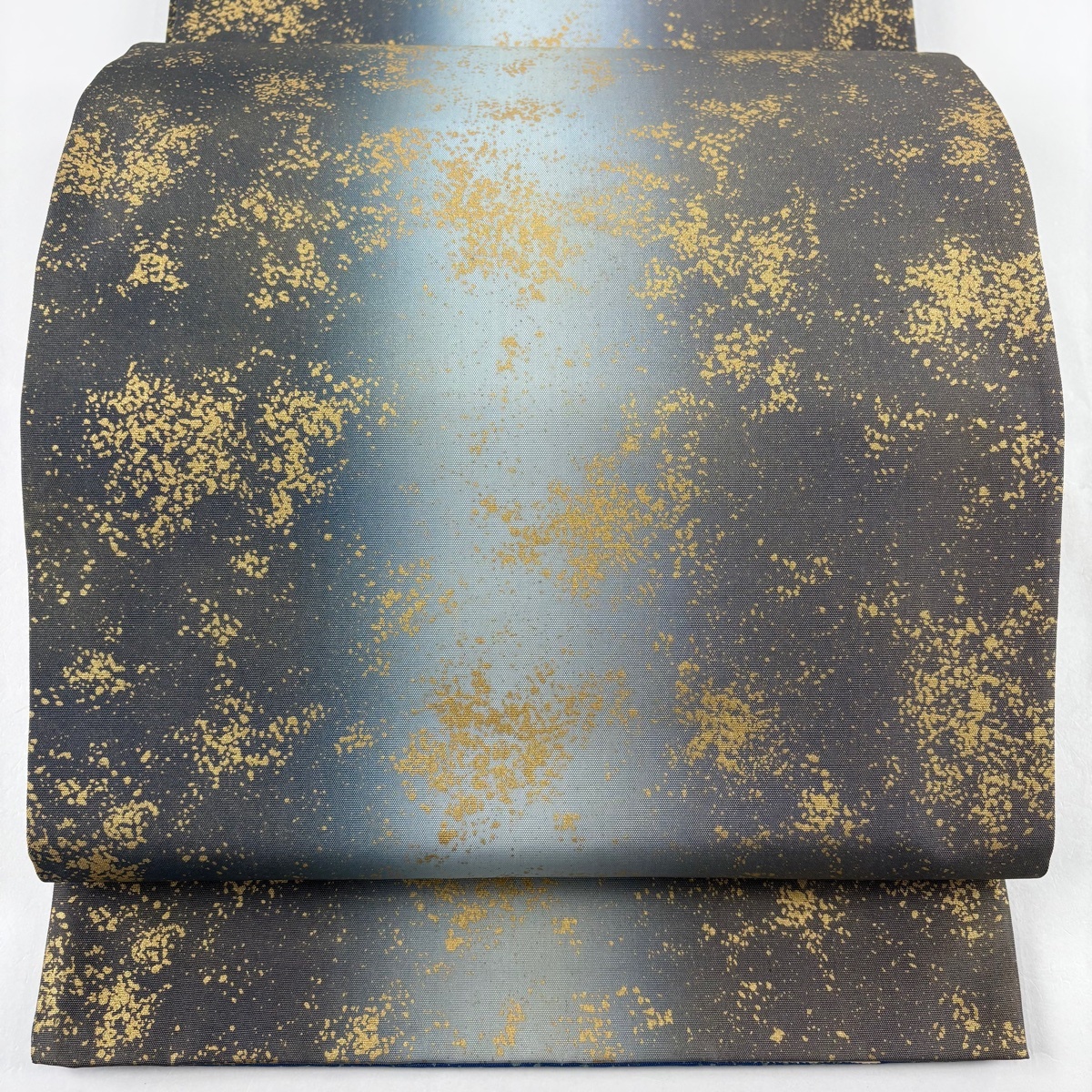 袋帯 秀品 証紙 大島紬地 幾何学 金彩 灰色 全通 正絹 【中古】拍卖