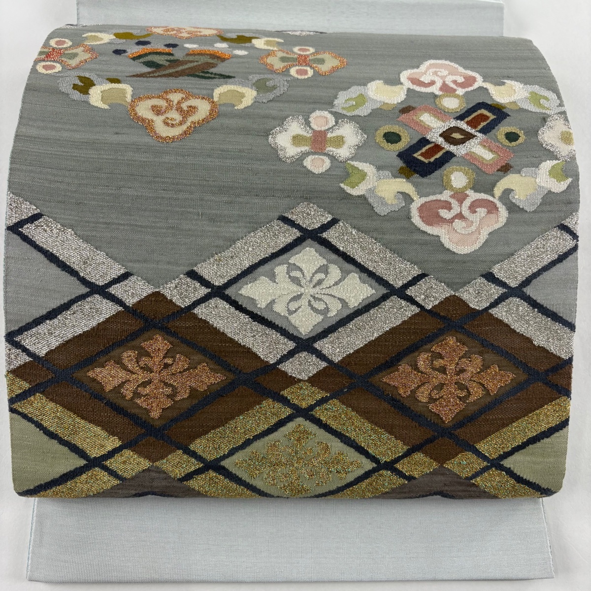 袋帯 秀品 丁子 筒守 金銀糸 水色 お太鼓柄 正絹 【中古】拍卖