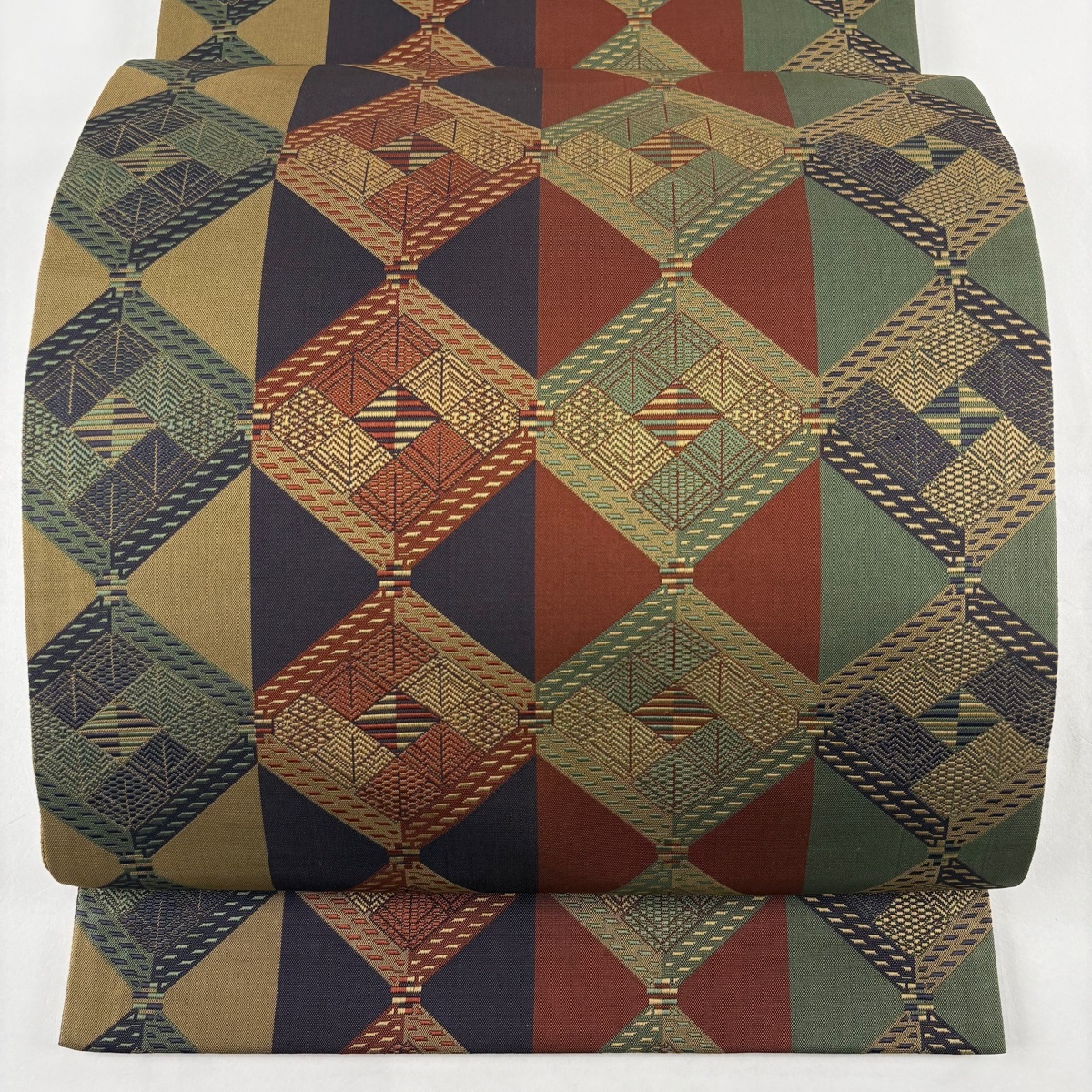 【美品】 袋帯 秀品 菱 縞 茶緑色 全通 正絹 【中古】拍卖