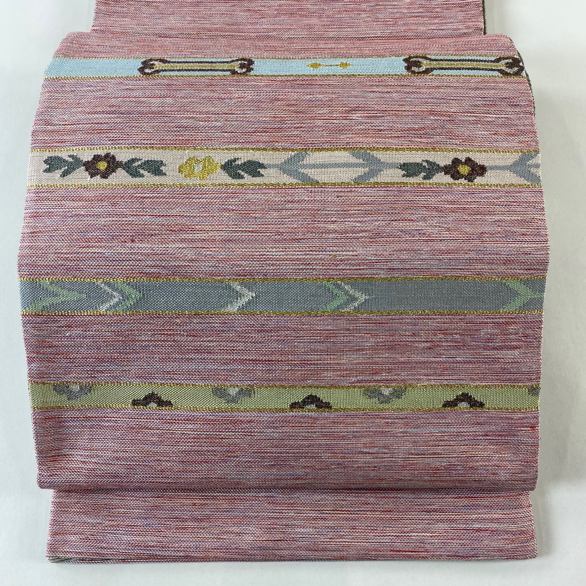 【美品】 袋帯 秀品 縞 草花 金銀糸 茜色 お太鼓柄 正絹 【中古】拍卖