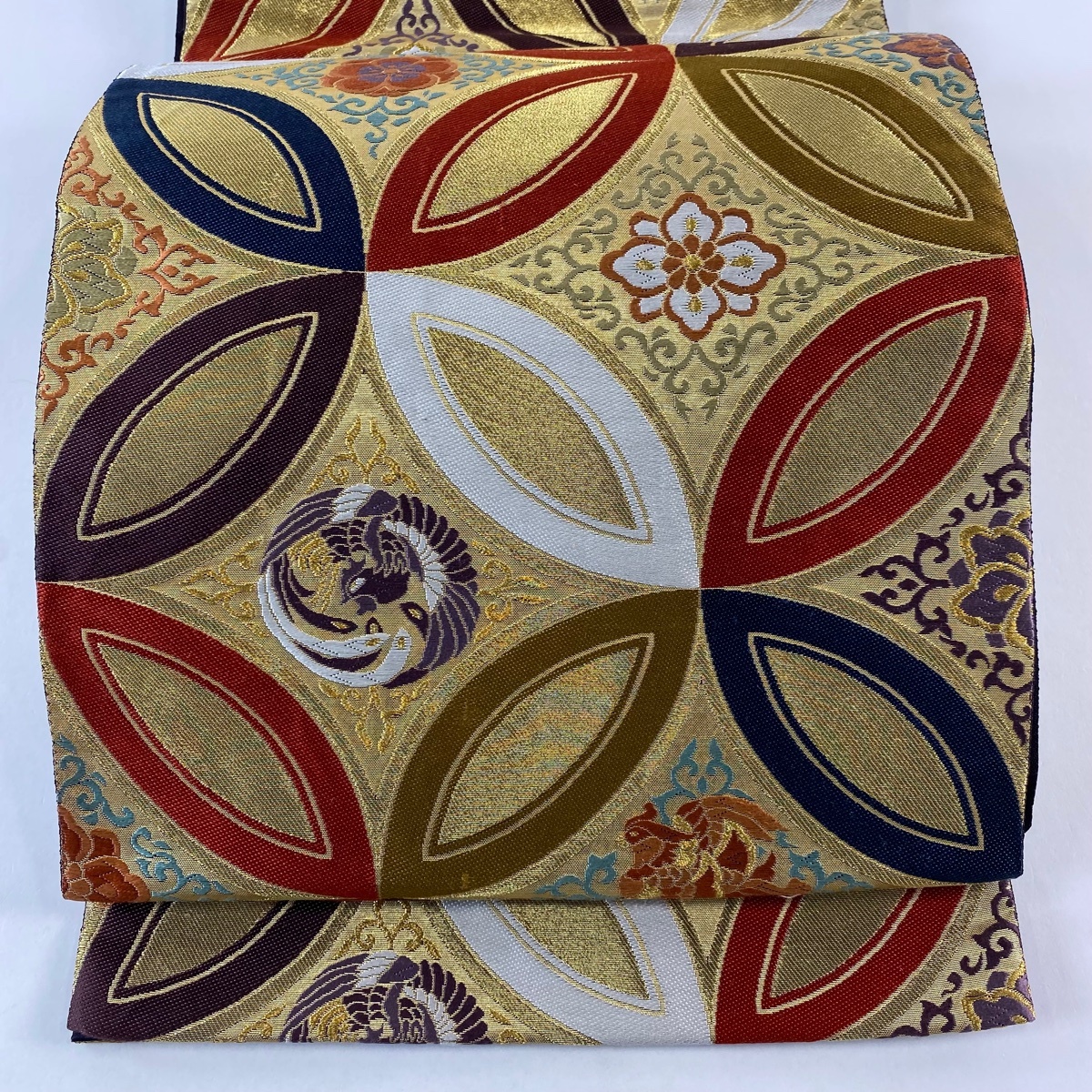 【美品】 袋帯 秀品 七宝 花鳥 金糸 箔 金色 六通 正絹 【中古】拍卖