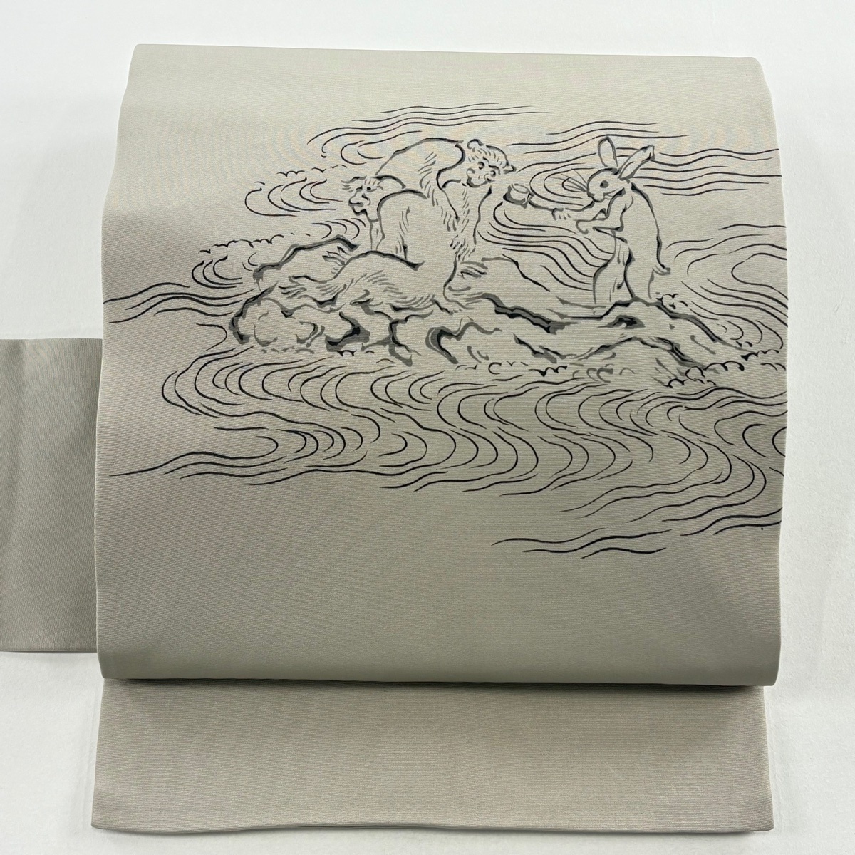 名古屋帯 名品 鳥獣戯画 うさぎ 灰茶 正絹 【中古】拍卖