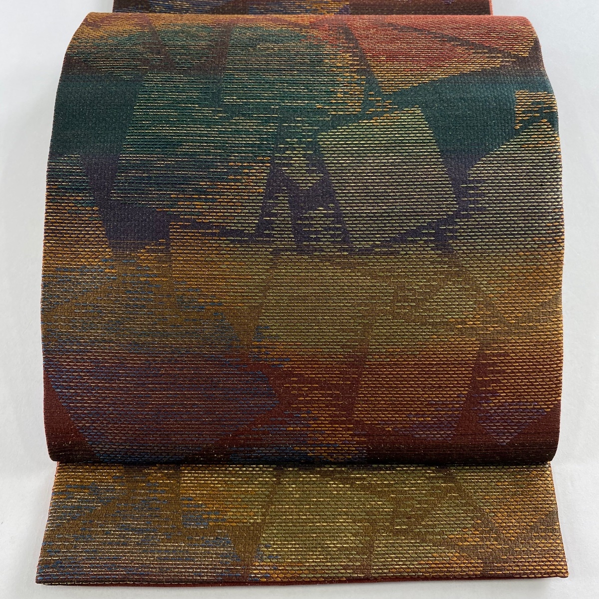 袋帯 名品 都喜ヱ門 虹彩 色紙 幾何学 金糸 箔 赤茶 六通 正絹 【中古】拍卖