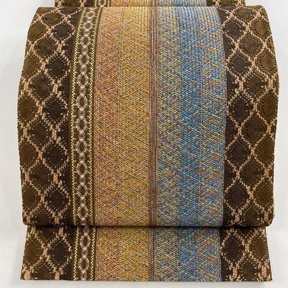 【美品】 袋帯 名品 縞 幾何学 刺繍 茶色 全通 正絹 【中古】拍卖