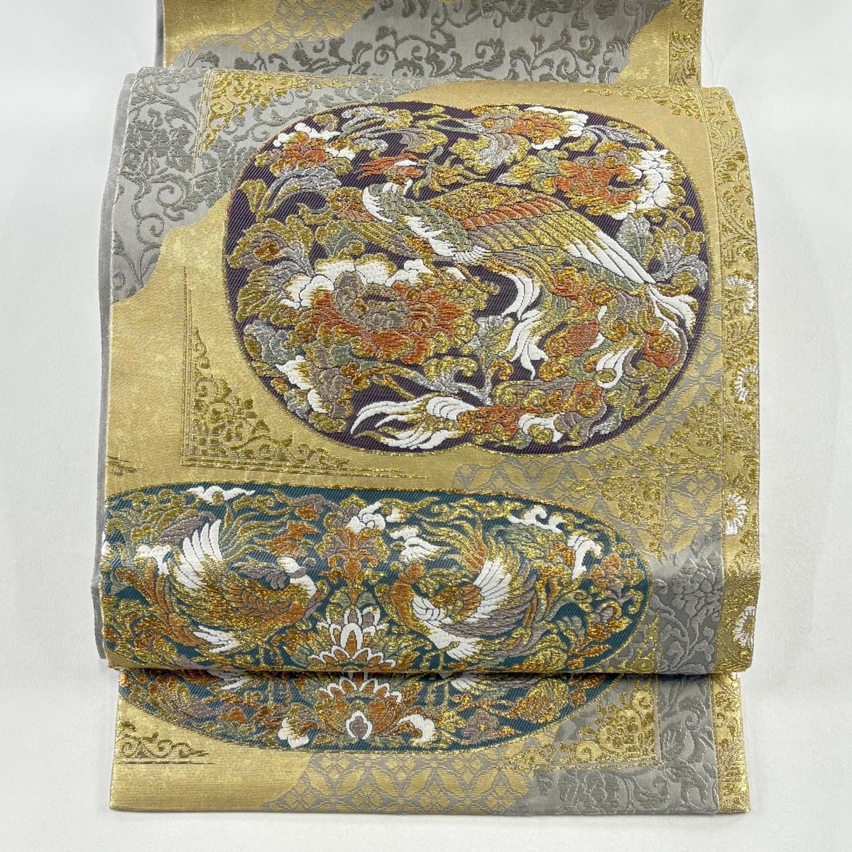 袋帯 名品 瑞鳥蒔絵文 金銀糸 箔 灰色 お太鼓柄 正絹 【中古】拍卖