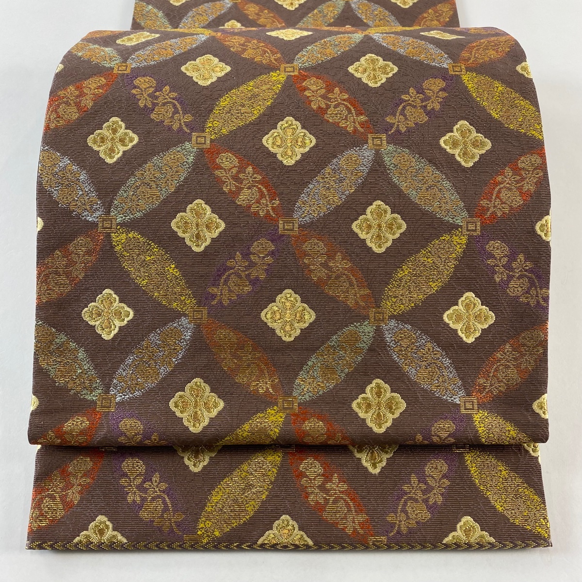 【美品】 袋帯 名品 七宝 花 箔 金糸 小豆色 六通 正絹 【中古】拍卖