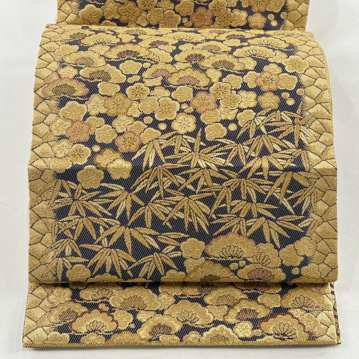【美品】 袋帯 名品 松竹梅 輪奈織 金糸 青灰色 六通 正絹 【中古】拍卖