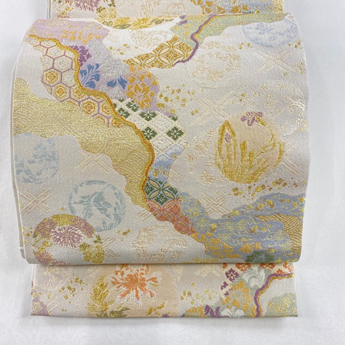 【在庫一掃】 袋帯 美品 名品 本袋 草花 道長取 箔 金銀糸 灰色 六通 正絹 【中古】拍卖