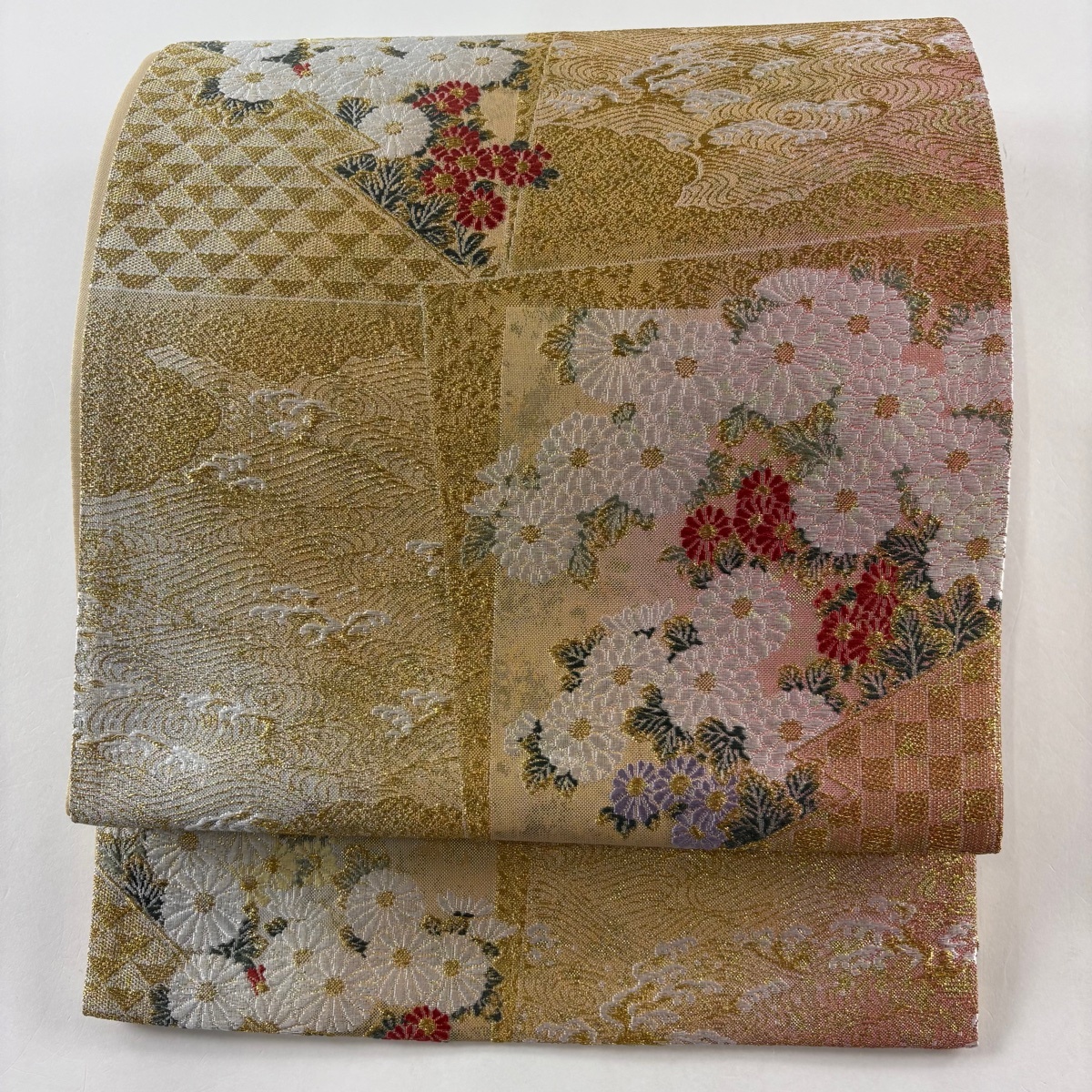 【在庫一掃】 袋帯 美品 秀品 菊 波 金糸 金色 六通 正絹 【中古】拍卖