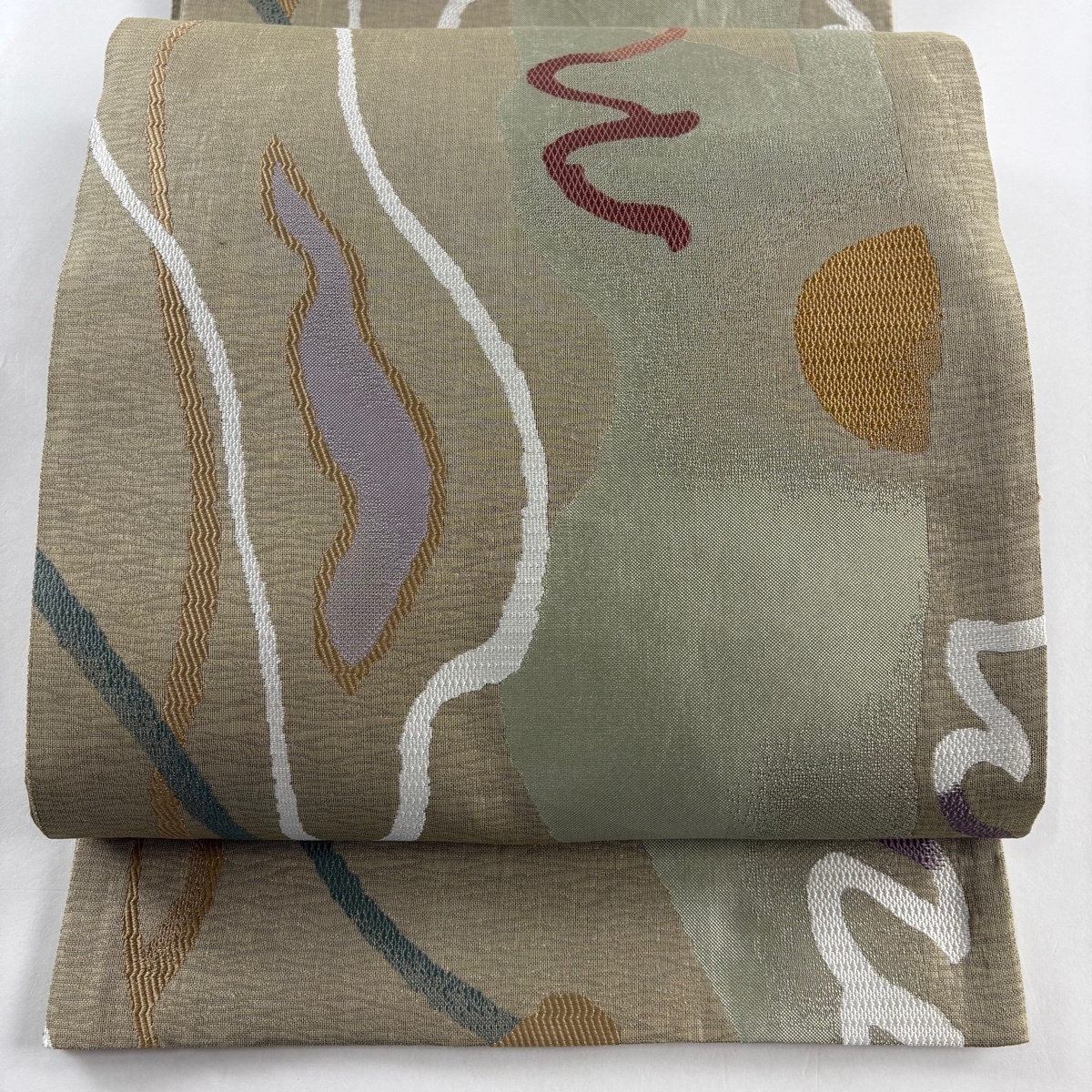 【在庫一掃】 袋帯 美品 名品 幾何学 箔 灰緑 六通 正絹 【中古】拍卖