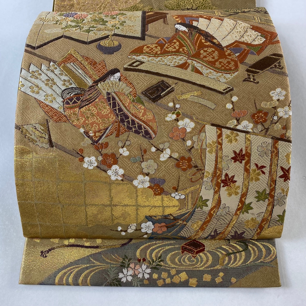 【在庫一掃】 袋帯 美品 名品 御所風景 姫 金糸 箔 金色 お太鼓柄 正絹 【中古】拍卖