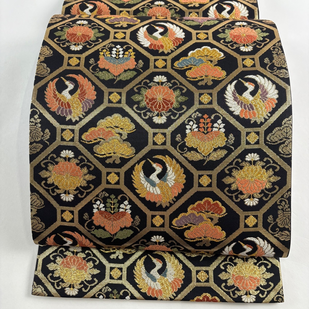 【在庫一掃】 袋帯 美品 名品 花鳥 蜀江文 箔 金糸 黒 六通 正絹 【中古】拍卖