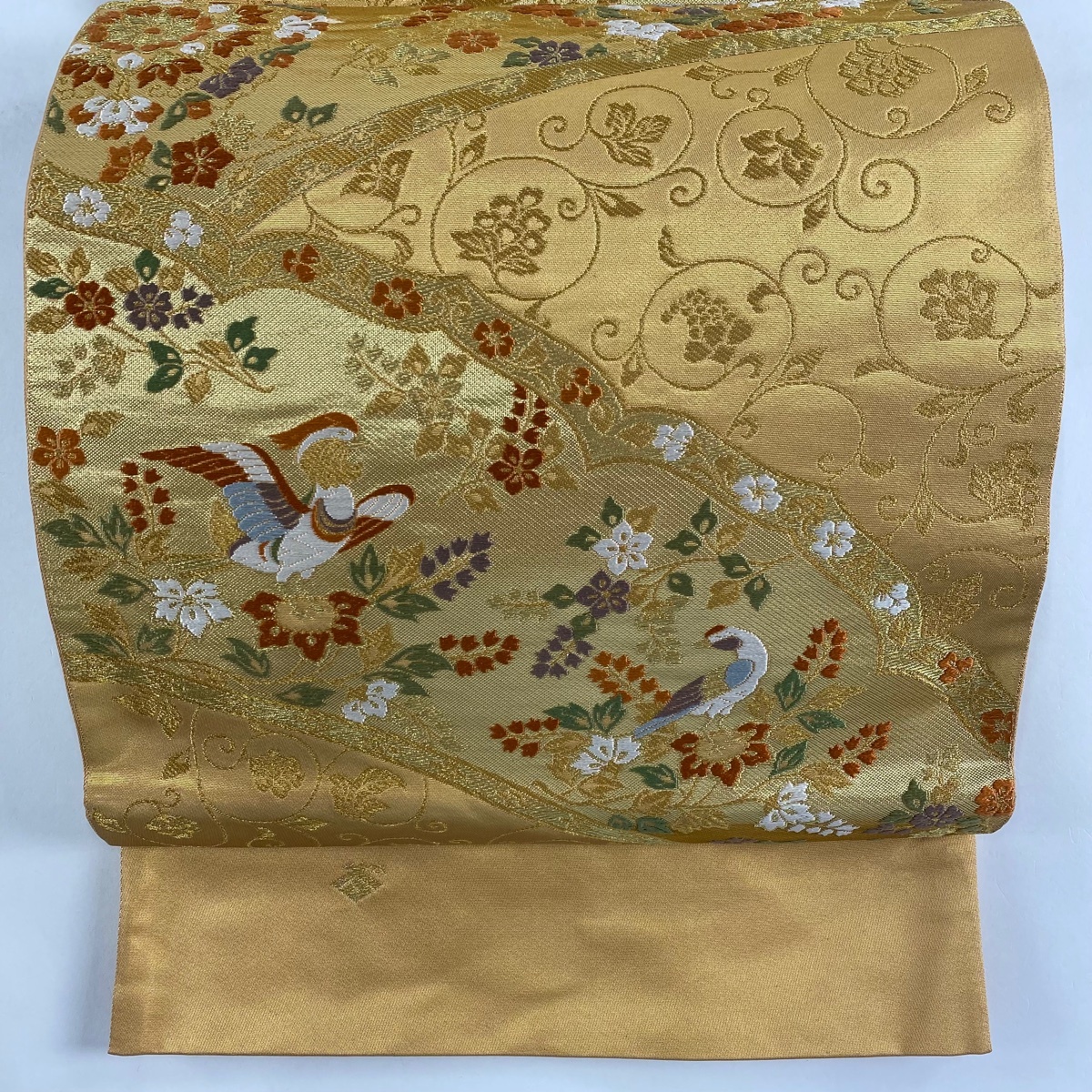 【在庫一掃】 袋帯 美品 名品 落款 本家加納 華文 鳥 金糸 箔 薄オレンジ 六通 正絹 【中古】拍卖
