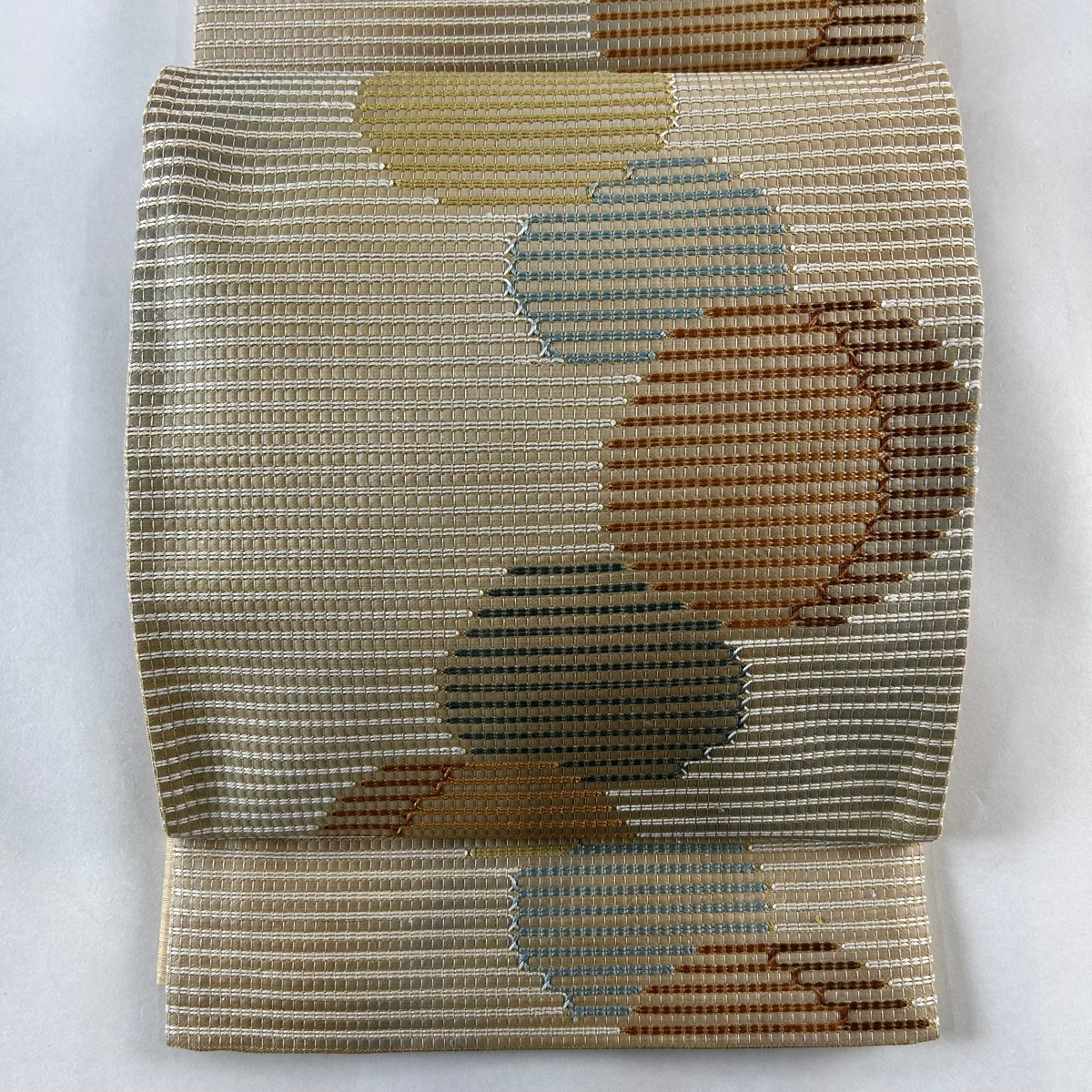 【在庫一掃】 袋帯 美品 名品 幾何学模様 縞 金糸 ベージュ 六通 正絹 【中古】拍卖