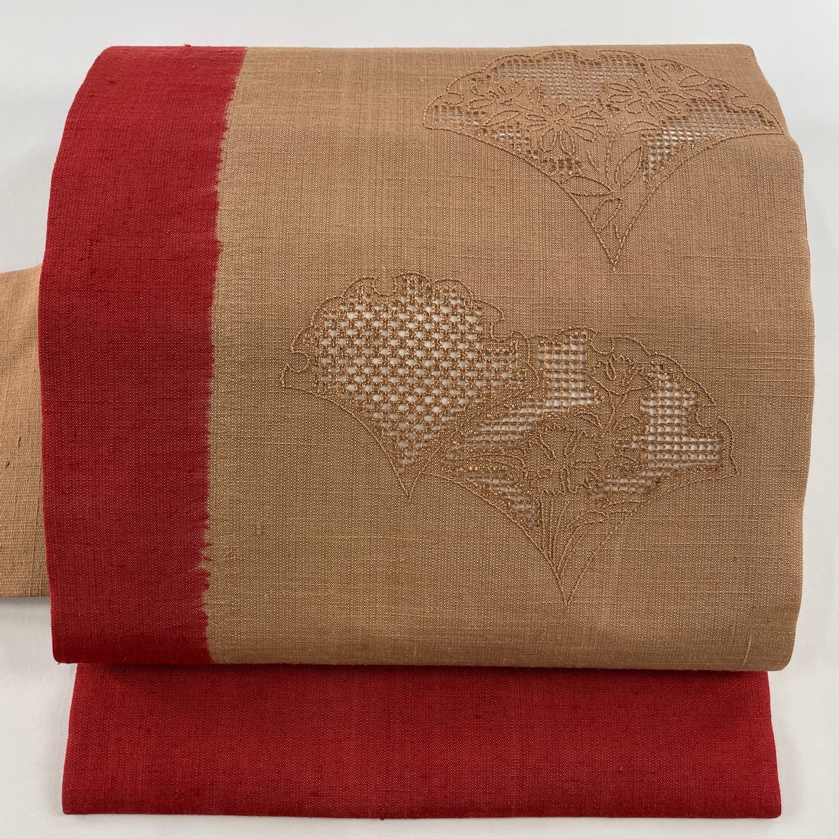 【在庫一掃】 名古屋帯 美品 秀品 紬地 銀杏の葉 草花 刺繍 薄茶色 正絹 【中古】拍卖