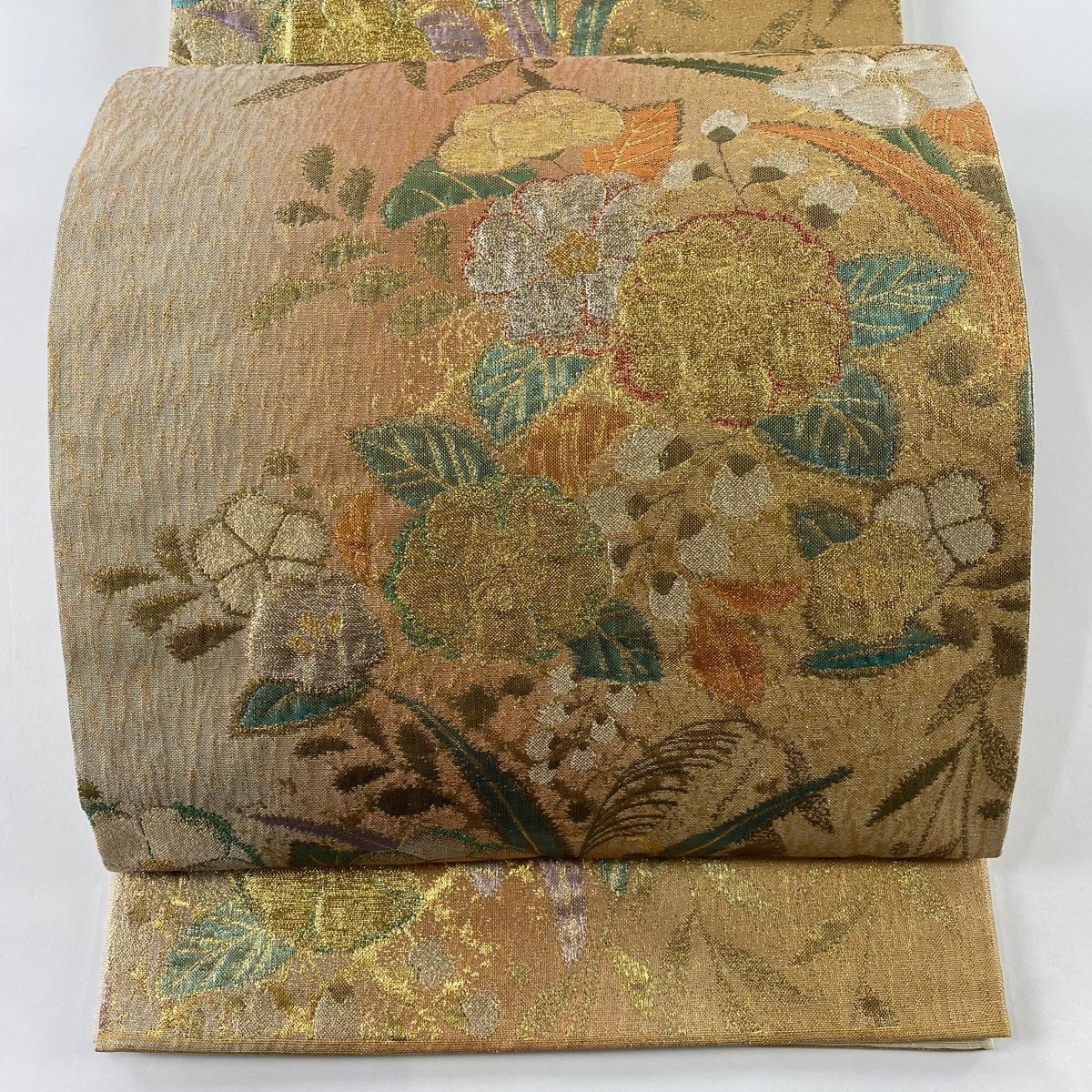 【在庫一掃】 袋帯 美品 秀品 草花 箔 サーモンピンク 六通 正絹 【中古】拍卖