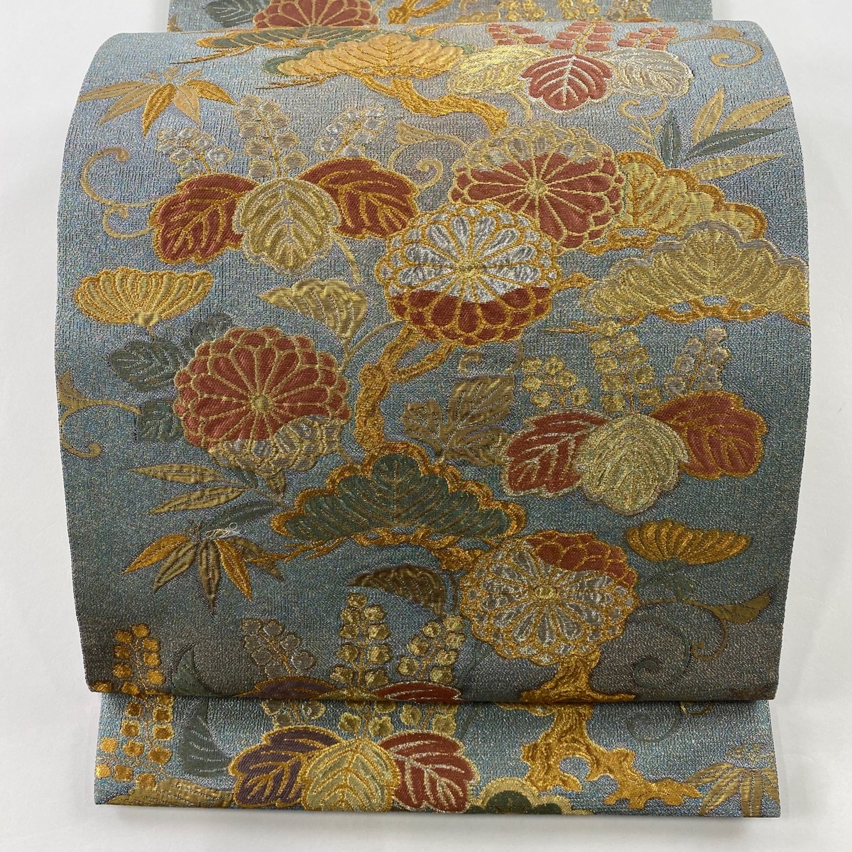 【在庫一掃】 袋帯 美品 秀品 瑞花桃山桐紋 金銀糸 箔 青灰色 六通 正絹 【中古】拍卖